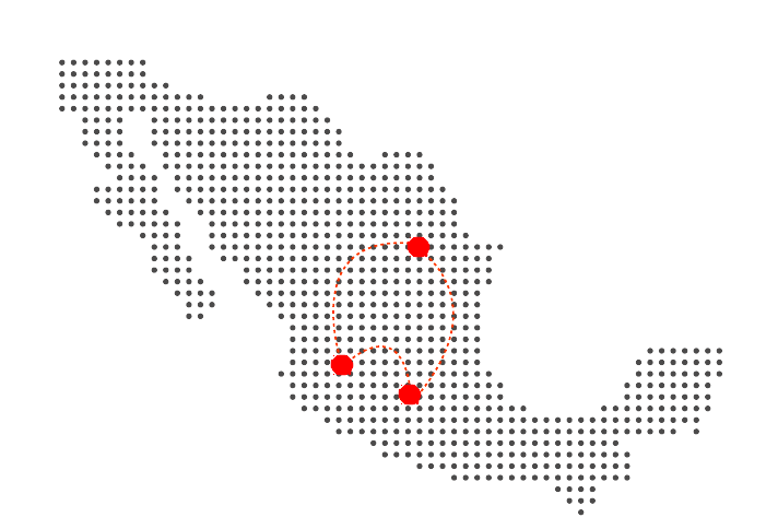 Mapa de México conectando a Ciudad de México, Guadalajara y Monterrey